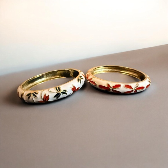 enameled bangle bracelet with red plumeria flowers and rhinestone centers. 2 - Picture 4 of 6